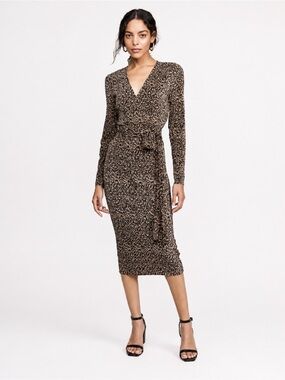 THE FIFTH LABEL Brown Black Long Sleeve Leopard Faux Stretch Wrap Midi Dress